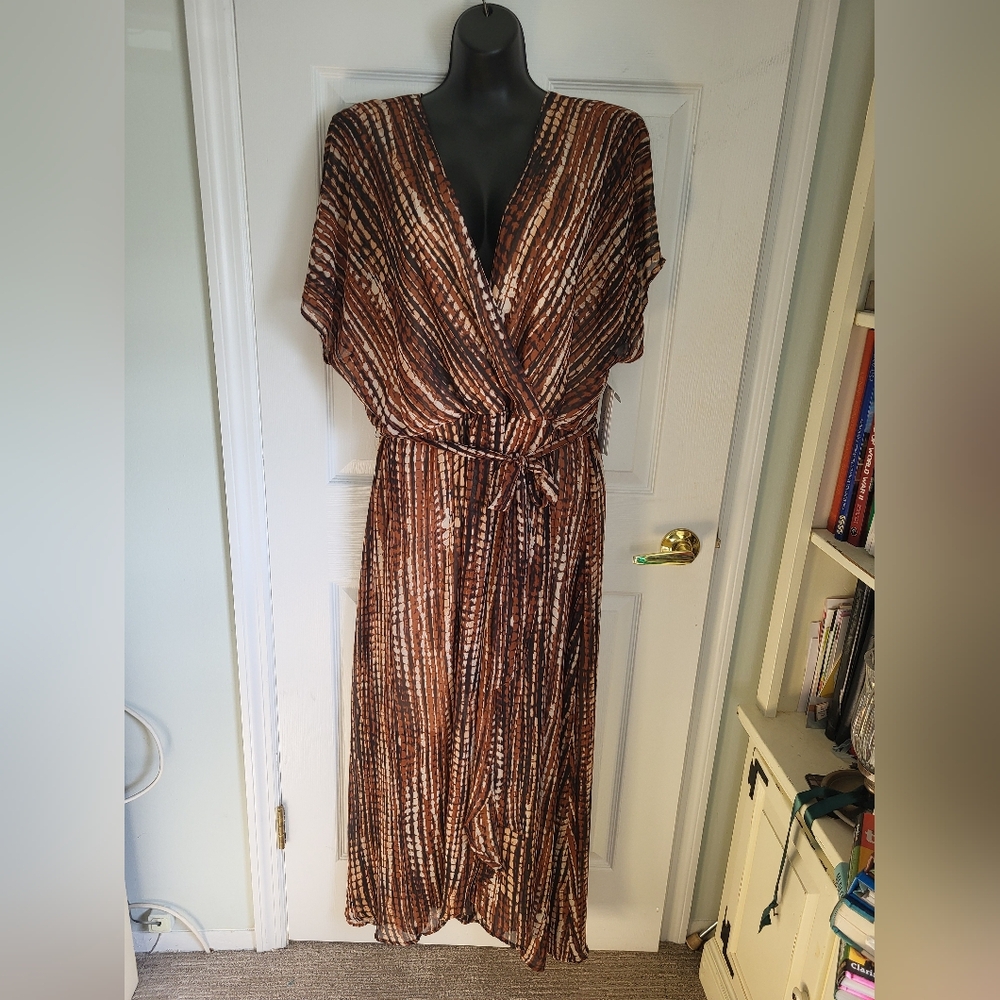 Sandra Darren Striped Brown and Cream Maxi Dress